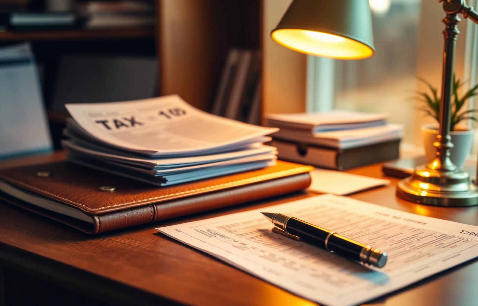 Tax preparer's desk with documents and warm desk lamp