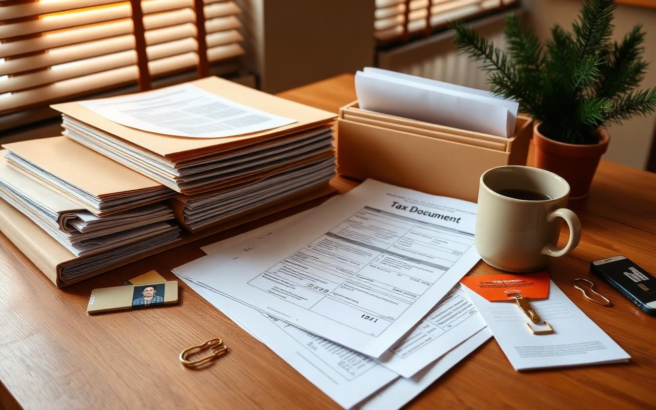 Organized tax documents, manila folders, and coffee on a warm oak desk
